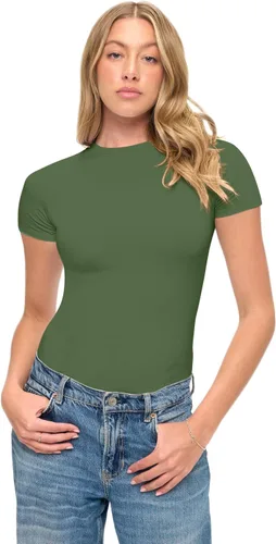 Vista 3 de Natural Uniforms Camiseta Baby Tee Crop Top de Manga Corta Y2K Súper Suave y Súper Elástica para Mujer verde Dill