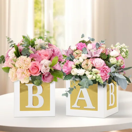 Vista 3 de 4 Piezas Cajas de Flores para Baby Shower Centros de Mesa Decoración Dorada Bloque de Bebé Soporte Floral Centro de Mesa Baby In Bloom Revelación