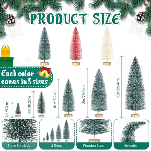 Vista 2 de Geetery 25 mini árboles de Navidad, árboles artificiales con base de madera, árbol de nieve de sisal de pueblo navideño para decoración de invierno