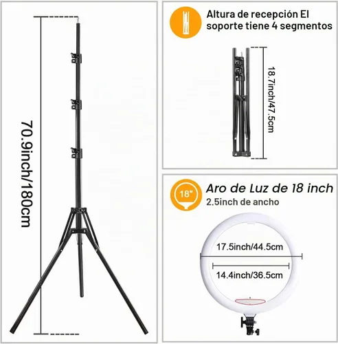 Vista 5 de Anillo de luz de 18 pulgadas con soporte de trípode, luz circular LED regulable de 58 W 5500 K para TikTok/Live Stream/Maquillaje/YouTube con bolsa