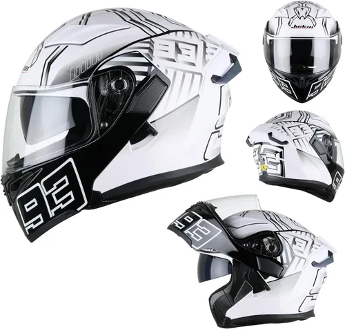 Vista 5 de Casco de motocicleta de cara completa con doble visera, protector solar abatible, modular, para motocross, aprobado por DOT (93 blanco, M)