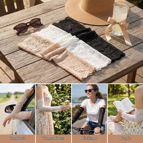 Vista 2 de SUPVOX Mangas elásticas de encaje transpirable para mujer, manga de protección solar con codera, ligera, patrón floral, mangas de protección solar