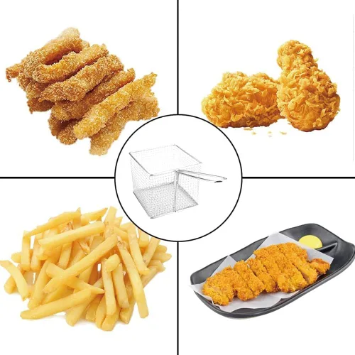 Vista 6 de Cesta para freidora, mini cestas de papas fritas, red de acero inoxidable sólido, colador cuadrado, herramienta con mango antideslizante