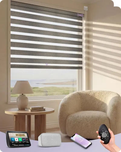Vista 28 de Graywind Persianas motorizadas de cebra para ventanas, persianas inteligentes 100 % opacas con control remoto, persianas de cebra personalizadas