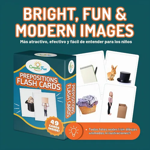 Vista 5 de CreateFun 49 tarjetas flash de preposición para niños, escuela, adultos