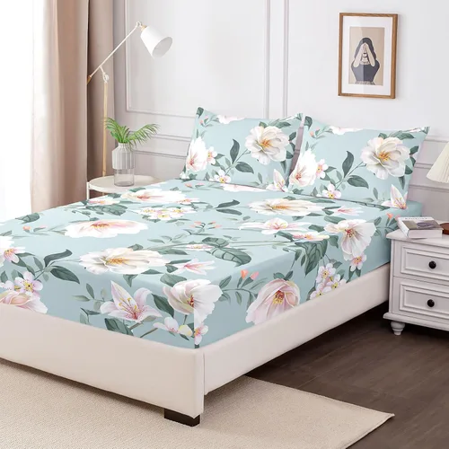 Vista 7 de Sábana bajera ajustable floral con fundas de almohada, 100% microfibra cepillada, sábana bajera ajustable con bolsillo profundo, ultrasuave