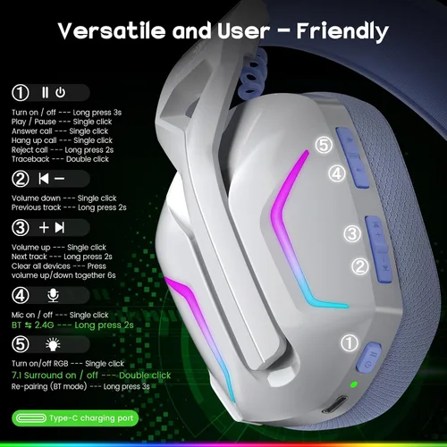 Vista 9 de WESEARY Wireless Gaming Headphones for PS5, PS4, PC, Switch, Mac - 7.1 Surround Sound, Bluetooth Headset with Microphone and 50mm Drivers