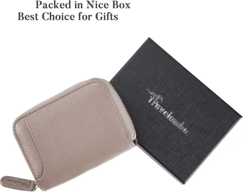 Vista 5 de Travelambo Cartera pequeña de cuero genuino con cremallera YKK, Greige