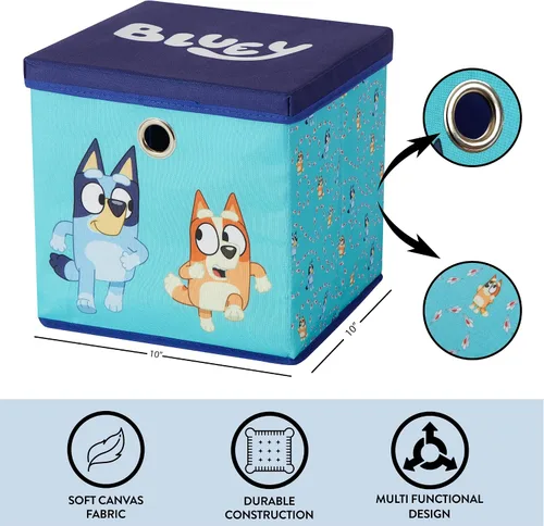 Vista 4 de Idea Nuova Bluey Cubo de almacenamiento de tela plegable, contenedor organizador de 10 pulgadas con tapa para dormitorio, sala de juegos y armario