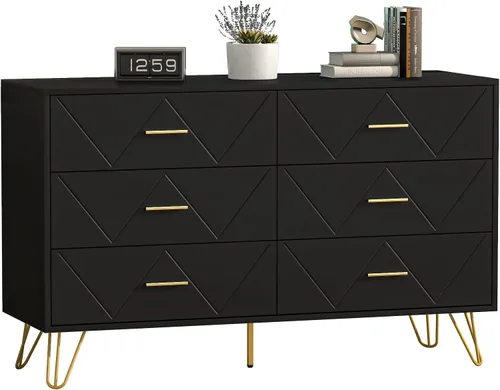 Vista 8 de JOZZBY Cómoda para dormitorio, cómoda de madera negra de 6 cajones con asas doradas, cómodas de almacenamiento modernas y cómodas para pasillo