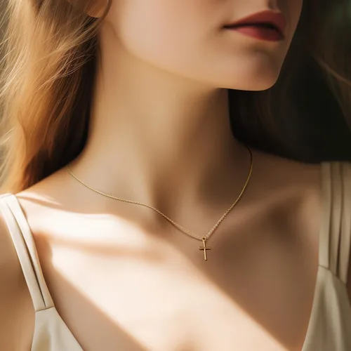 Vista 3 de AMELINE Collares de cruz de oro de 14 quilates para mujer, cadena de cruz de oro, colgante minimalista, collar pequeño para mujer, joyería