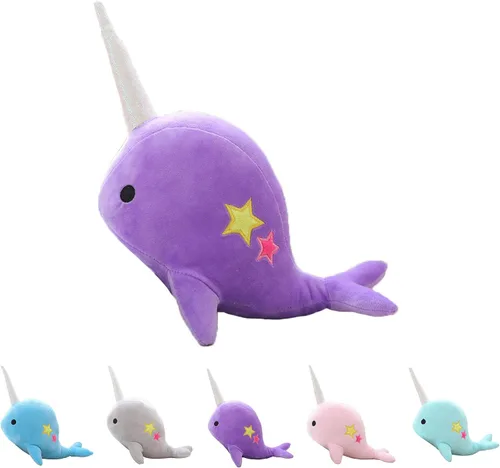 Vista 2 de Bonito juguete de peluche de narval verde azulado, adorable juguete de peluche de ballena suave, animales de peluche para bebés, niños, niños