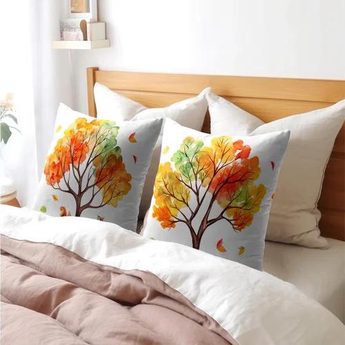 Vista 8 de Fundas de almohada de otoño de 18 x 18 pulgadas, fundas de almohada de otoño de lino y algodón, juego de 2 fundas de almohada de árboles coloridos