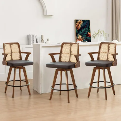 Vista 34 de Juego de 2 Taburetes de Mostrador - Taburetes Giratorios de 27 Pulgadas con Respaldo de Ratán, Brazos Curvos, Asiento Tapizado, Patas de Bambú Nogal