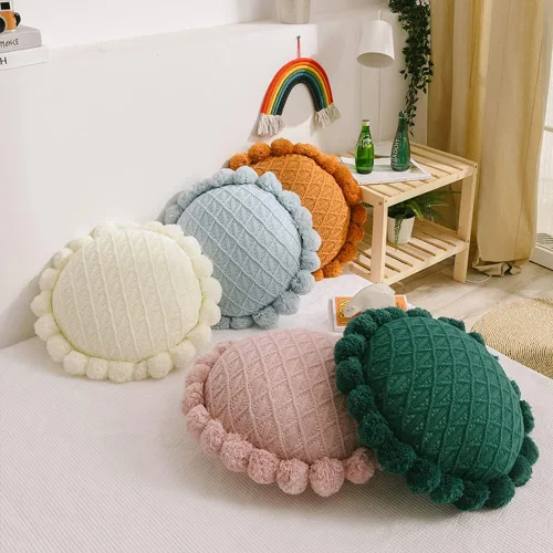 Vista 3 de vctops Lindos pompones de punto almohadas con inserto geométrico, cojín redondo suave para sofá cama (azul, diámetro de 20 pulgadas)