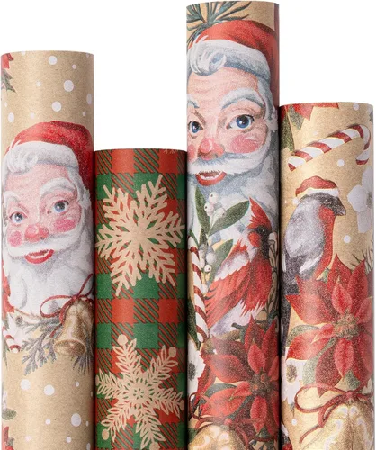 Vista 16 de RUSPEPA Papel de regalo de Navidad, papel kraft – reno, rayas y copos de nieve en diseño azul – 4 rollos – 30 pulgadas x 10 pies por rollo