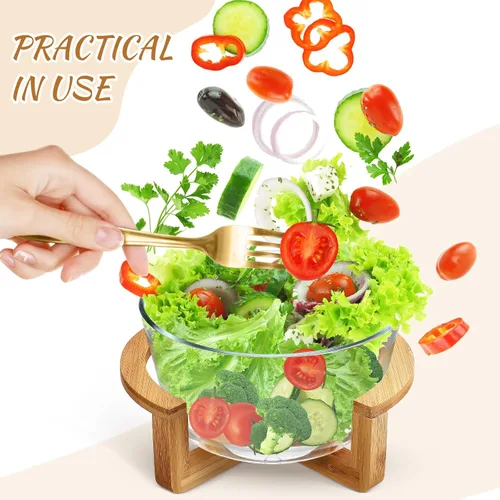 Vista 6 de Ensaladera grande de vidrio con base de madera, 84.5 fl oz, resistente al calor, para frutas, aperitivos, postres, microondas y lavavajillas, ideal