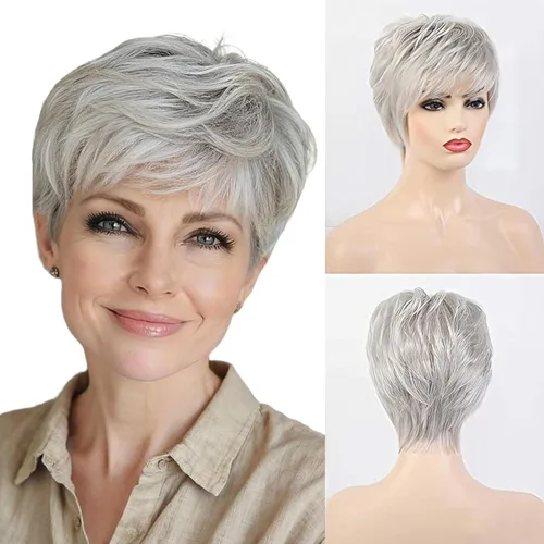 Vista 6 de EMMOR Pelucas Cortas Marrones para Mujeres Mezcla de Cabello Humano con Fibra de Memoria Saludable Corte Pixie, Peluca de Cabello Natural de Uso