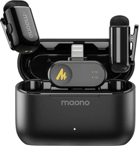 Vista 14 de MAONO Wave T1 Mini micrófono inalámbrico Lavalier para iPhone/Android, cancelación de ruido, filtro de voz AI, 30 horas utilizado con estuche