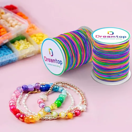 Vista 4 de Dreamtop Cuerda elástica de 0.039 in, cuerda elástica de cuentas de arcoíris de 328.1 ft para pulsera, cuerda elástica de cuentas de poni para hacer
