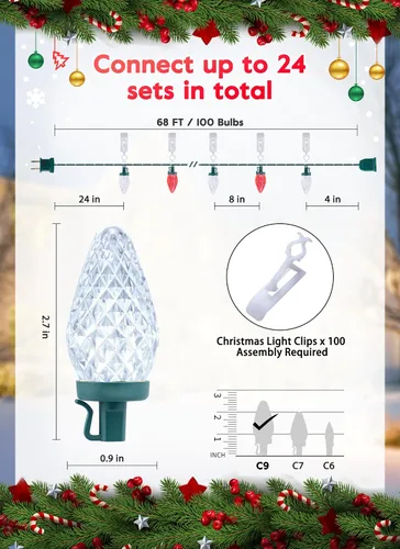 Vista 4 de Luces de Cadena LED de Navidad C9, 68 Pies 100 LED Luces de Techo Strawberry con 100 Clips Todo en Uno, Grado Comercial Impermeable Extensible
