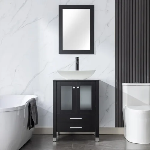 Vista 13 de LUCKWIND Combinación de tocador de baño de 24 pulgadas con lavabo, serie elegante con marco pintado, armario de almacenamiento de baño de dos