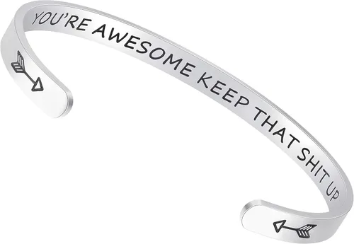 Vista 2 de Fesciory - Brazaletes inspiradores y motivadores para mujer, de acero inoxidable, con grabado personalizable y con texto en inglés Keep Going