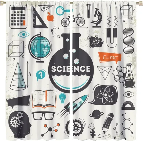 Vista 12 de Cortinas opacas para ventanas de ciencia para niños, lupa de libro de laboratorio de ciencia, lupa, frascos moleculares, cortinas impresas