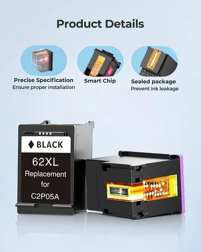 Vista 6 de Paquete combinado de cartuchos de tinta 62XL, repuesto negro y color para HP 62 XL, 62XL, tinta remanufacturada, funciona con Envy serie 5540