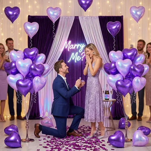 Vista 4 de Globos de corazón morado, 12 globos de aluminio iridiscentes de 18 pulgadas Púrpura iridiscente