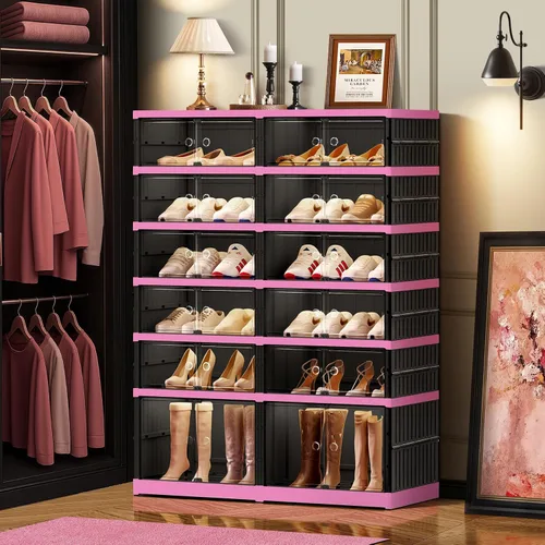 Vista 3 de CIMLORD Zapatero plegable ancho de 6 niveles con puertas para 24 pares, negro-rosa Zapatero grande plegable para 24 pares, se pliega compacto.