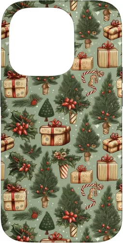 Vista 17 de Vintage Christmas Theme Holiday Trees, Presents, Teal, Bows Case for iPhone 17