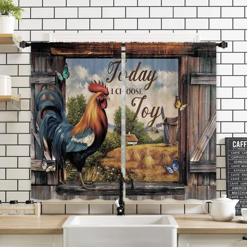 Vista 3 de Miyotaa - Cortinas rústicas de granja con diseño de pollo para cocina, 2 paneles, 27.5 pulgadas de ancho x 39 pulgadas de alto, bolsillo