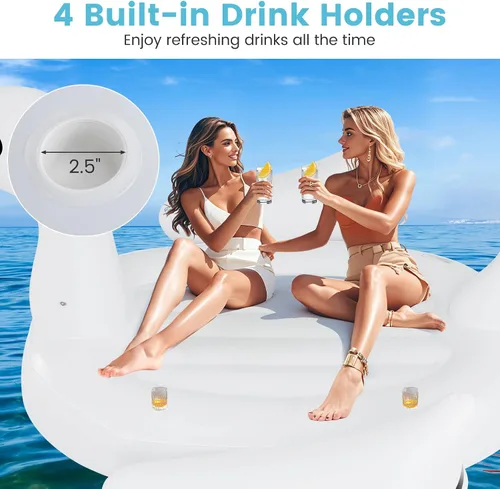 Vista 5 de Goplus Isla flotante de cisne inflable gigante, flotador de piscina para 4 personas con 4 soportes para tazas, muelle flotante recreativo para lago