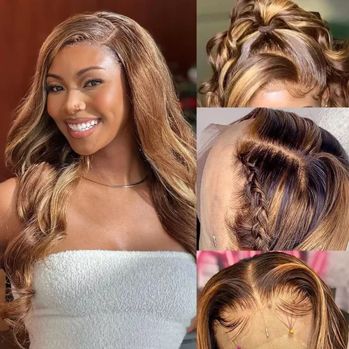 Vista 10 de Pelucas de encaje frontal de 13x4 Highlight Ombre de cabello humano ondulado 4/27 color rubio miel 9A sin pegamento HD encaje frontal transparente