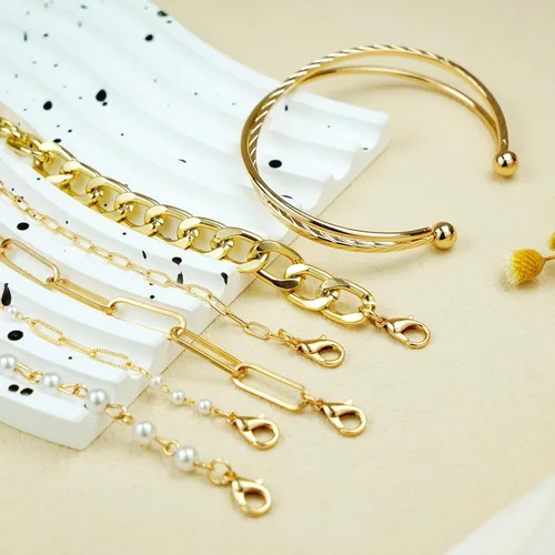 Vista 4 de OUUKP Gold Bracelets for Women,14K Real Gold Plated Jewelry Sets Tennis Cuff for Women Trendy Dainty Stackable Cuban Paperclip Chain Beaded Pearl
