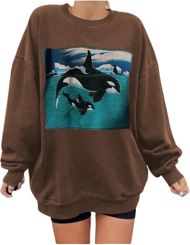 Vista 5 de Sudaderas de gran tamaño para mujer, diseño de delfín, cuello redondo, manga larga, cómoda, para otoño