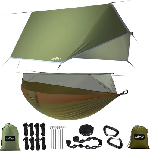 Vista 11 de Sunyear Hamaca de Camping, Hamaca Portátil Individual y Doble con Red, Tienda de Hamaca para 2 Personas con 2 Correas de 3 metros, Ideal para A