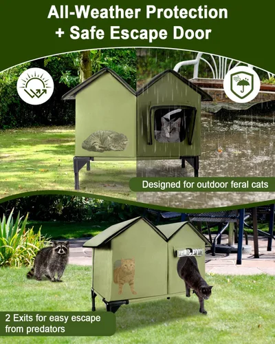 Vista 6 de Casa para gatos al aire libre, casa grande para gatos al aire libre, resistente a la intemperie con base elevada, refugio para gatos al aire libre