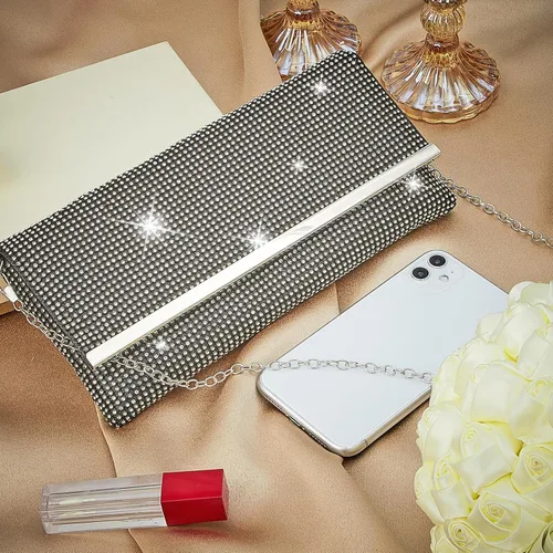 Vista 5 de Tessco Bolso de noche para mujer con purpurina para mujer, para noche, boda, fiesta, graduación, bolso de diamantes de imitación con cadena