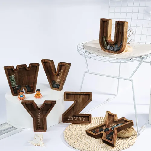 Vista 6 de Alcancía con nombre personalizado, 26 letras láser con texto personalizado, banco de monedas de madera, significado educativo, alcancía con nombre