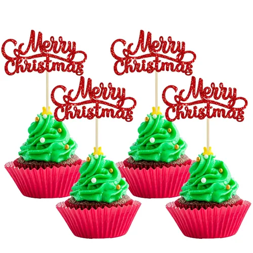 Vista 20 de Gyufise 24 piezas Adornos de pastel para revelación de género de Navidad con purpurina, sombrero navideño de Navidad, adorno de pastel de él o ella