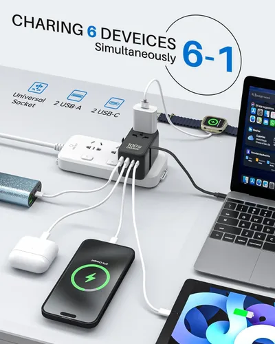 Vista 3 de DOACE - Adaptador de viaje universal GaN de 100 W con cable USB-C 6-in-1 Design, USB-C PD Fast Charging, European Plug Adapter Works in 200+