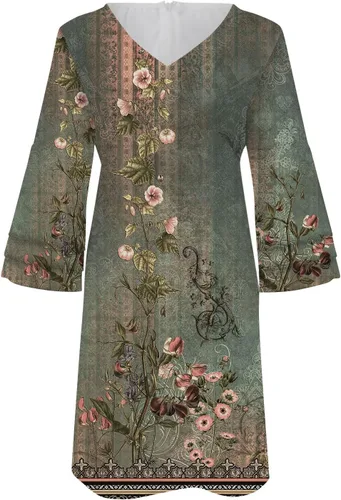 Vista 3 de FIRERO Vestidos de verano para mujer, a la moda, mangas 34, acampanadas, cuello en V, elegante, retro, floral, estampado de mariposas