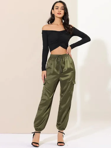 Vista 3 de Allegra K Pantalones deportivos de satén de otoño para mujer, con cordón elástico, cintura alta, satén sedoso y brillante