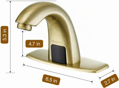 Vista 4 de Charmingwater Grifo de lavabo de baño sin contacto, grifo con sensor automático de movimiento con placa de cubierta de agujero, oro cepillado