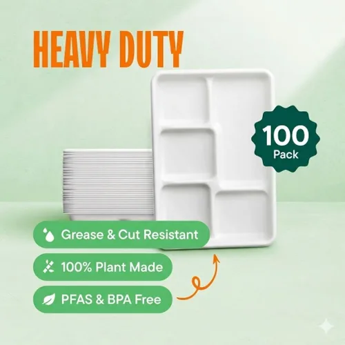 Vista 2 de Bandeja desechable 100% compostable, grande de 5 compartimentos [paquete de 125] – [12.5 pulgadas] Bandejas de almuerzo seccionales de bagazo