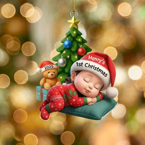Vista 2 de Adorno personalizado para la primera Navidad del bebé 2025t 2025, adorno de coctelera personalizado con nombre, adornos personalizados de primera