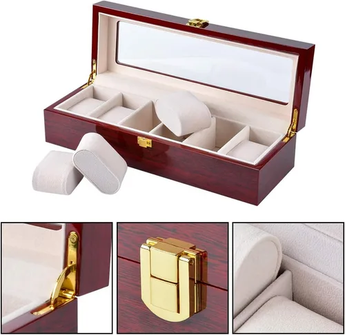 Vista 6 de ywduoying Caja de reloj de madera con 6 ranuras anchas para relojes de madera organizador de almacenamiento caja de reloj vintage roja para hombre