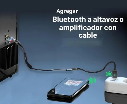 Vista 2 de Adaptador Bluetooth 6.0 a auxiliar para automóvil o amplificador, receptor Micrófono integrado, compatible con altavoz con cable, automóvil